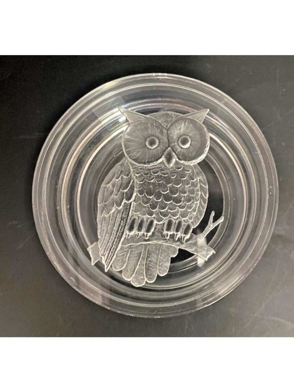 Vintage Lucite Owl Trinket Jewelry Box 2 in Tall Round Clear Vanity Decor